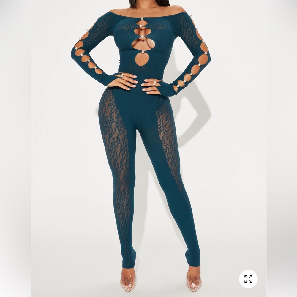 Fashion Nova Teal Cutout Lace Jumpsuit